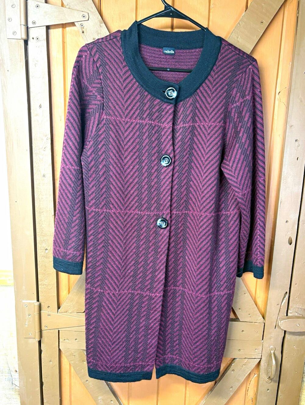 Rafaella Herringbone Button-Front Long Coatigan Burgundy Black Women M RN95615